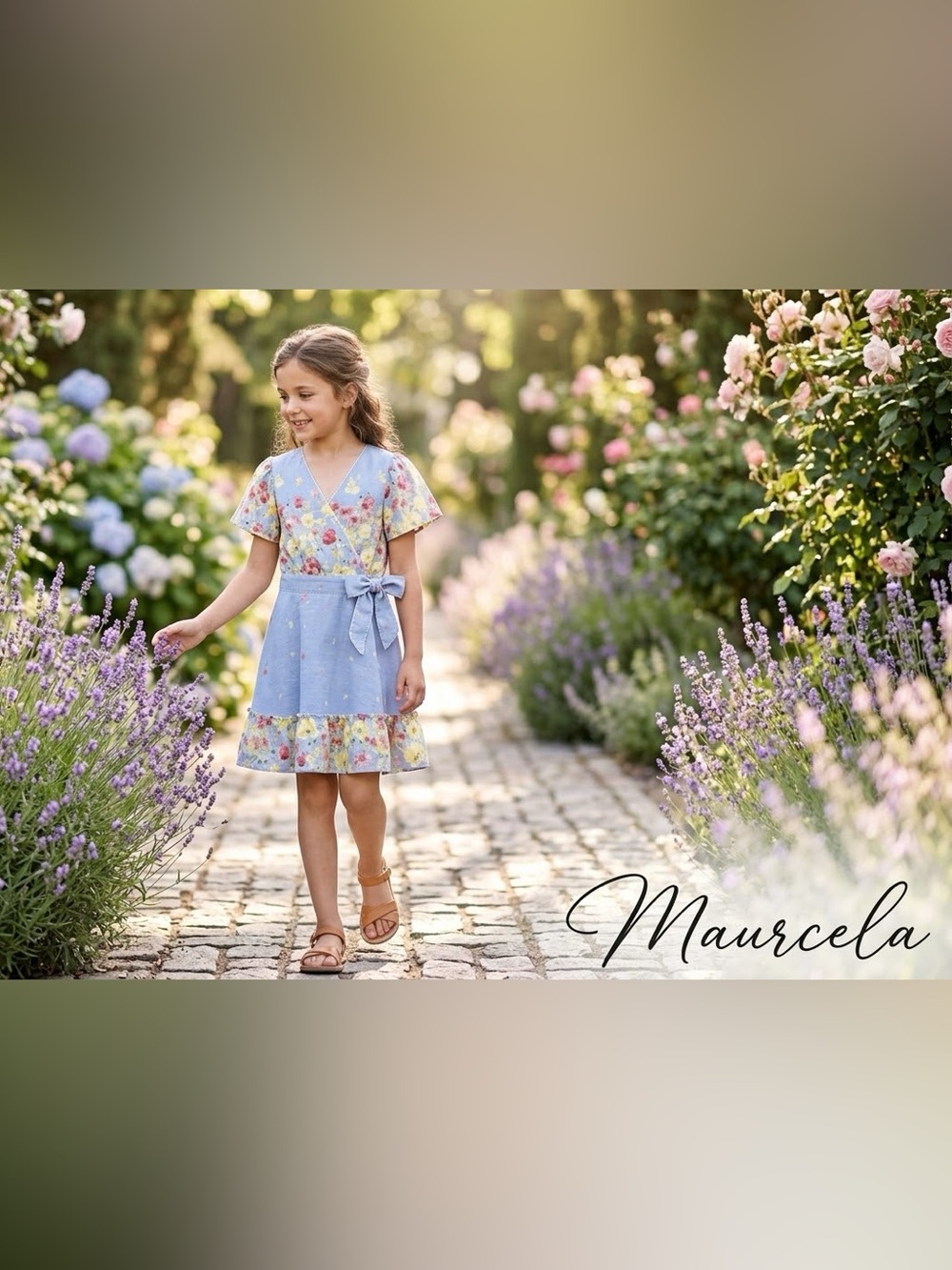 Chelsea & Violet Girls Size L (14) Blue Floral Ruffled Wrap Dress Linen Blend